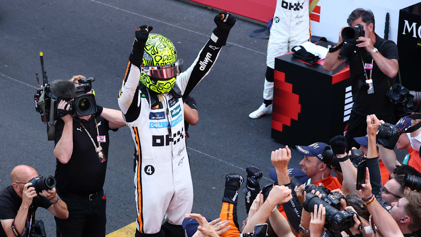 MONTE-CARLO, MONACO - MAY 25: Race winner Lando Norris of Great Britain and McLaren celebrates in