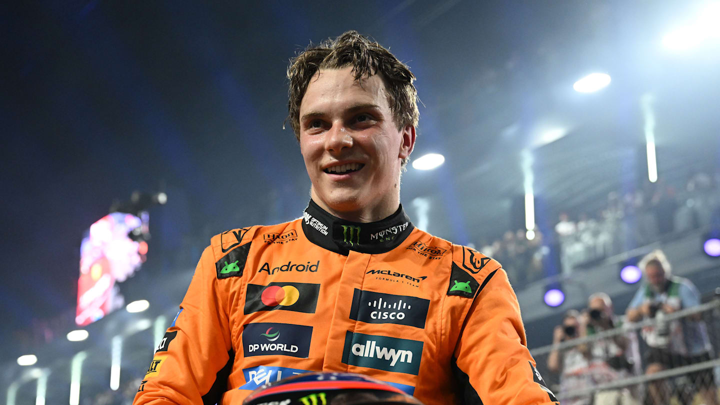 JEDDAH, SAUDI ARABIA - APRIL 20: Race winner Oscar Piastri of Australia and McLaren celebrates in