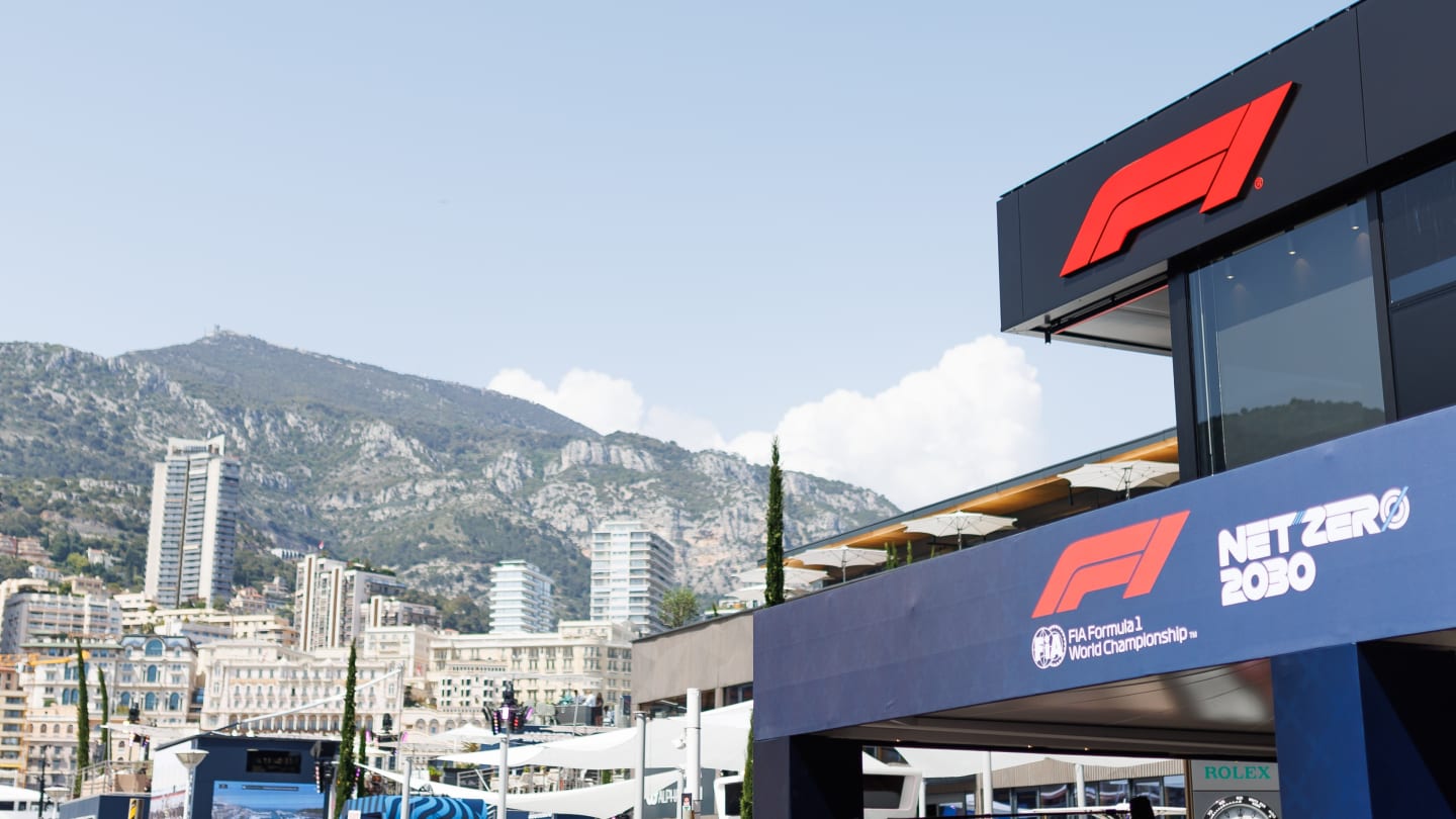 MONTE-CARLO, MONACO - MAY 25: F1 logo is seen inside the paddock during previews ahead of the F1