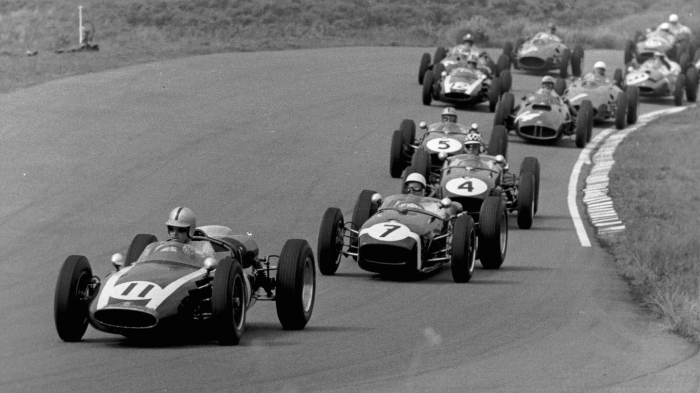 Jack Brabham, Stirling Moss, Innes Ireland, Alan Stacey, Cooper-Climax T53, Lotus-Climax 18, Grand