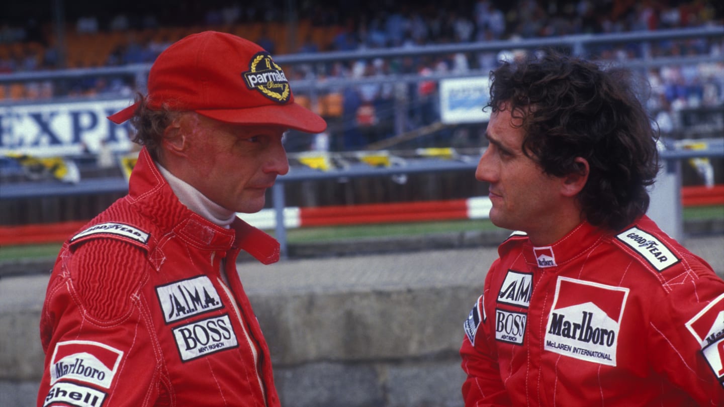 Niki Lauda et Alain Prost lors du Grand Prix de Formule 1 de Silverstone le 21 juillet 1985,