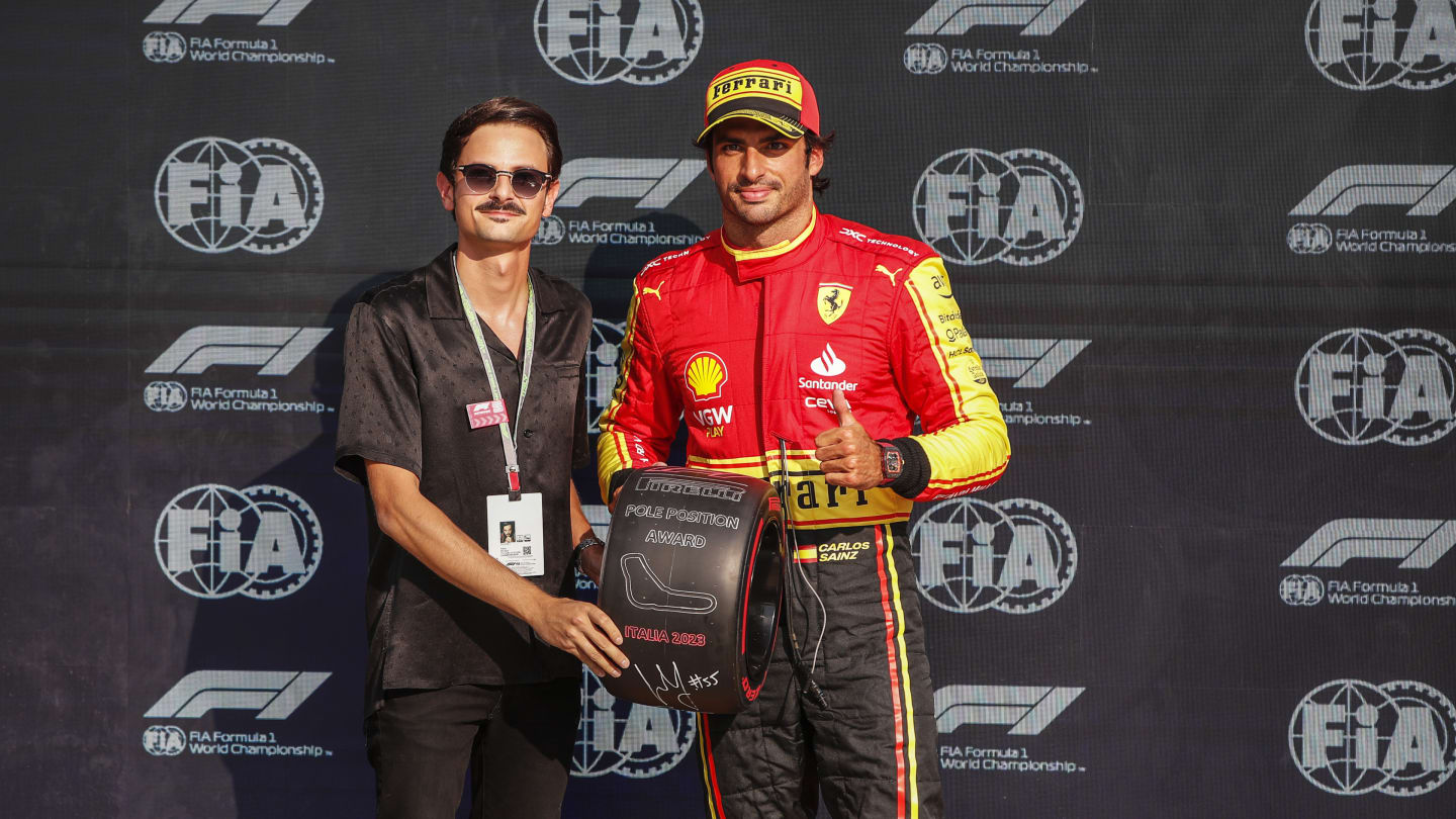 AUTODROMO NAZIONALE MONZA, ITALY - SEPTEMBER 02: Pole man Carlos Sainz, Scuderia Ferrari, receives