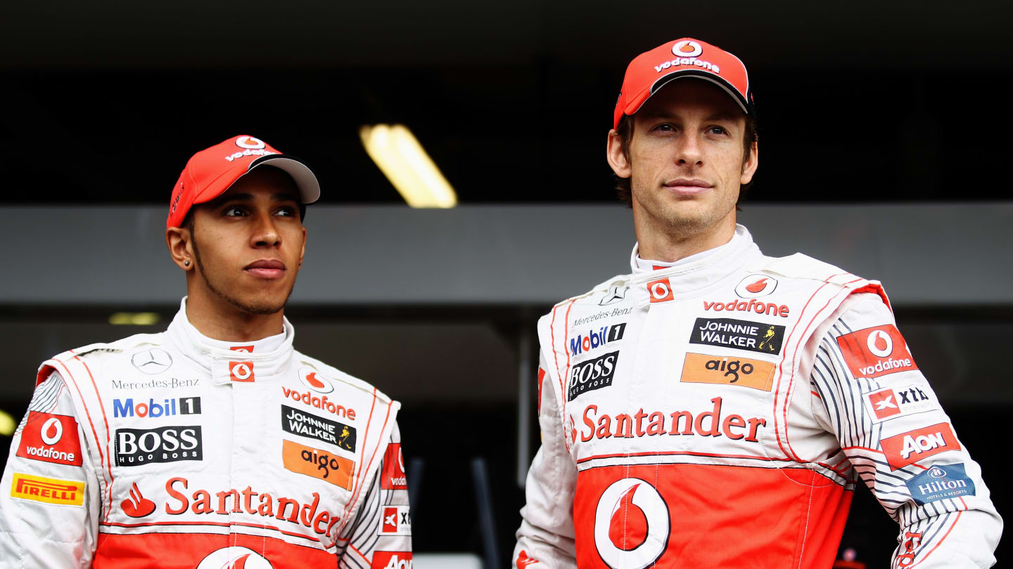 MELBOURNE, AUSTRALIA - MARCH 26:  (L-R) Lewis Hamilton and Jenson Button of Great Britain and