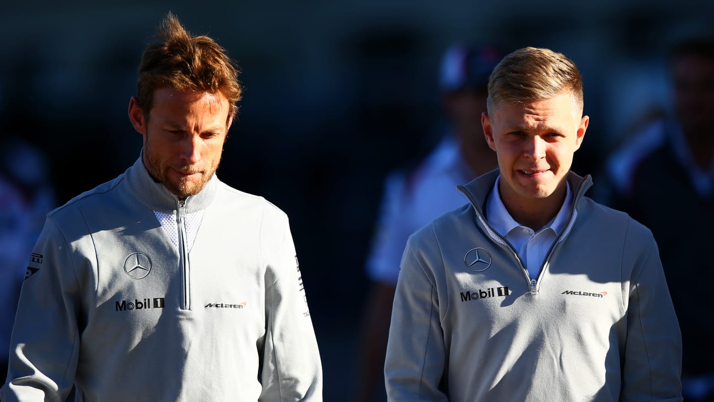 AUSTIN, TX - OCTOBER 31:  Jenson Button of Great Britain and McLaren and Kevin Magnussen of Denmark