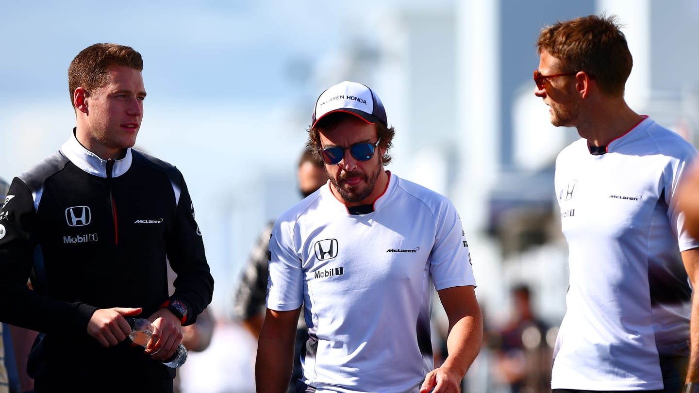 MONTREAL, QC - JUNE 10:  Fernando Alonso of Spain and McLaren Honda, Jenson Button of Great Britain