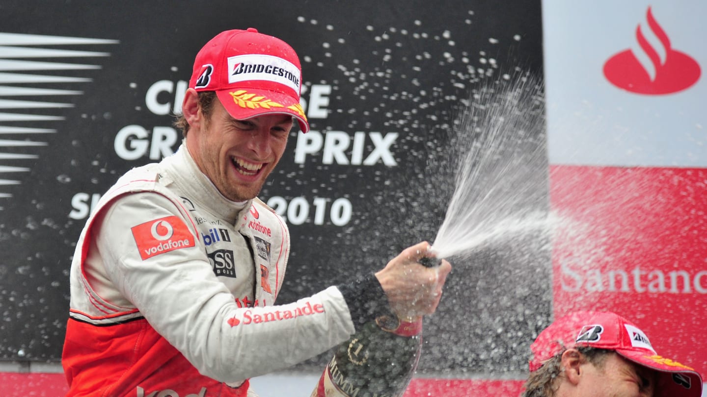 SHANGHAI, CHINA - APRIL 18:  Jenson Button of Great Britain and McLaren Mercedes celebrates on the