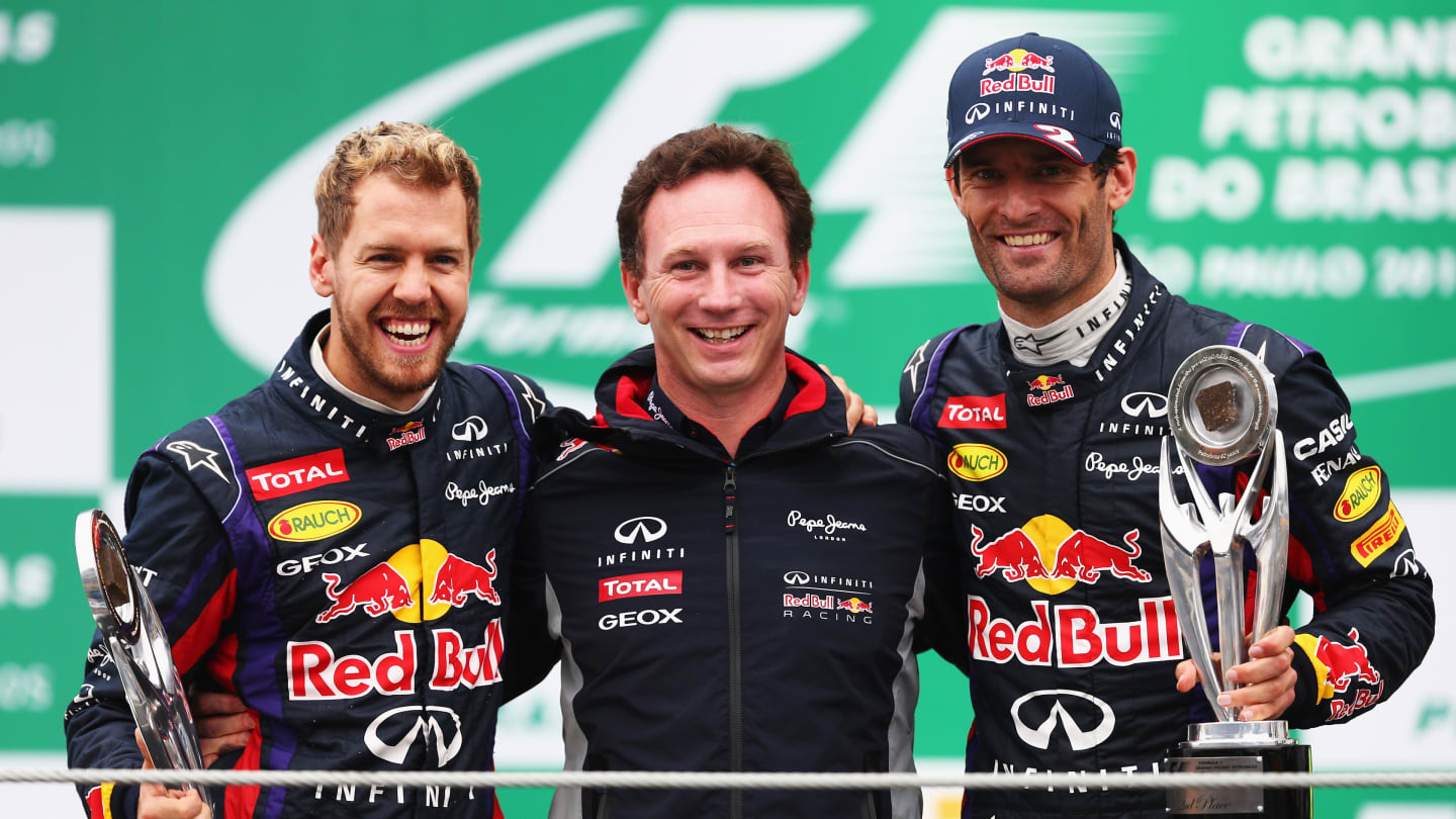 SAO PAULO, BRAZIL - NOVEMBER 24:  Race winner Sebastian Vettel (L) of Germany and Infiniti Red Bull