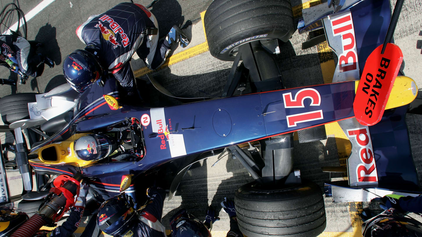 SILVERSTONE, ENGLAND - JULY 10:  Christian Klien of Austria and Red Bull stops for a pit stop