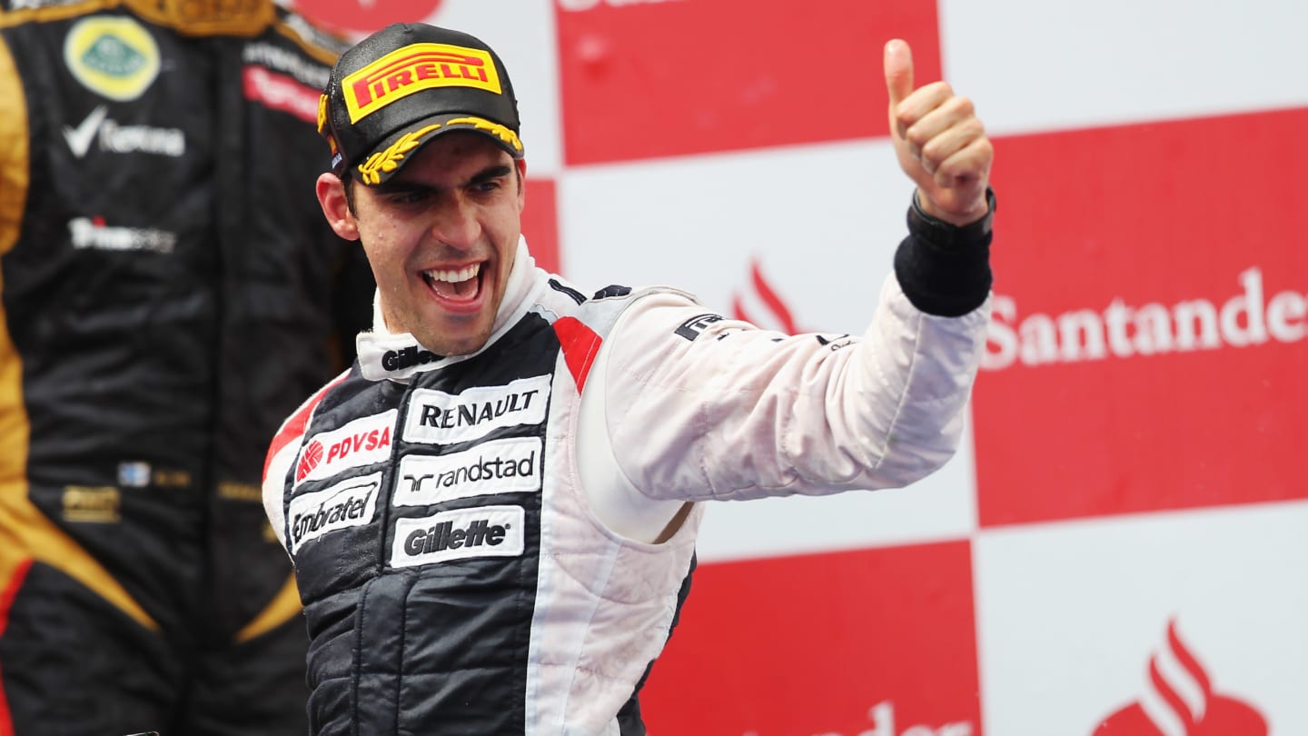 BARCELONA, SPAIN - MAY 13:  Pastor Maldonado of Venezuela and Williams celebrates on the podium