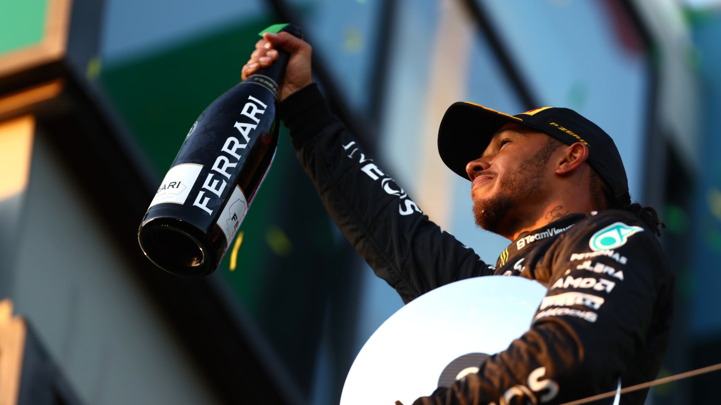 MELBOURNE, AUSTRALIA - APRIL 02: Second placed Lewis Hamilton of Great Britain and Mercedes