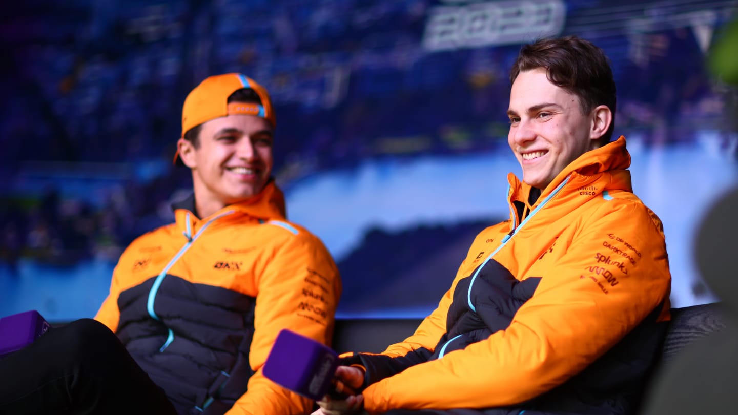 MELBOURNE, AUSTRALIA - MARCH 31: Oscar Piastri of Australia and McLaren and Lando Norris of Great