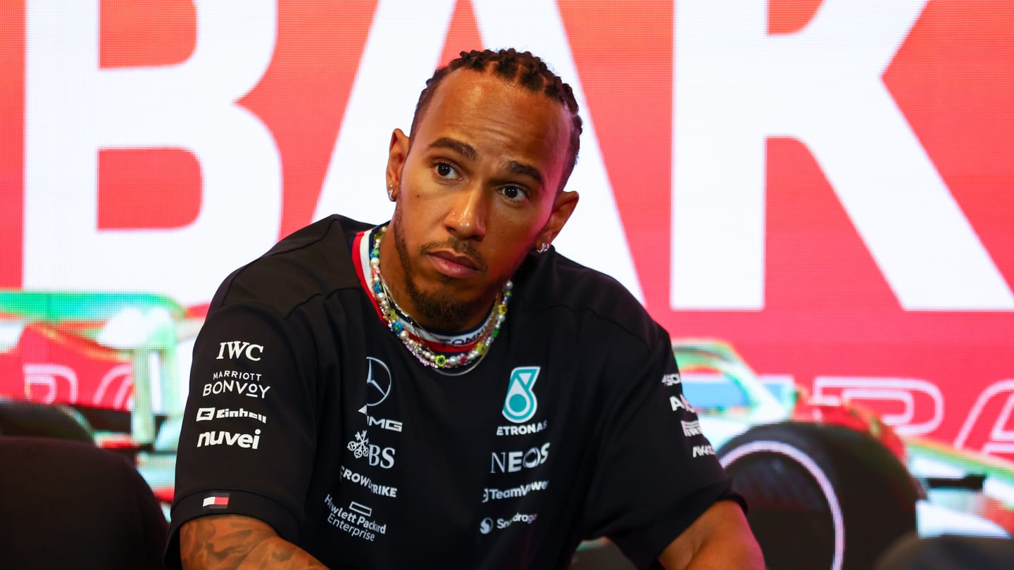 BAKU, AZERBAIJAN - APRIL 27: Lewis Hamilton of Great Britain and Mercedes talks in a press