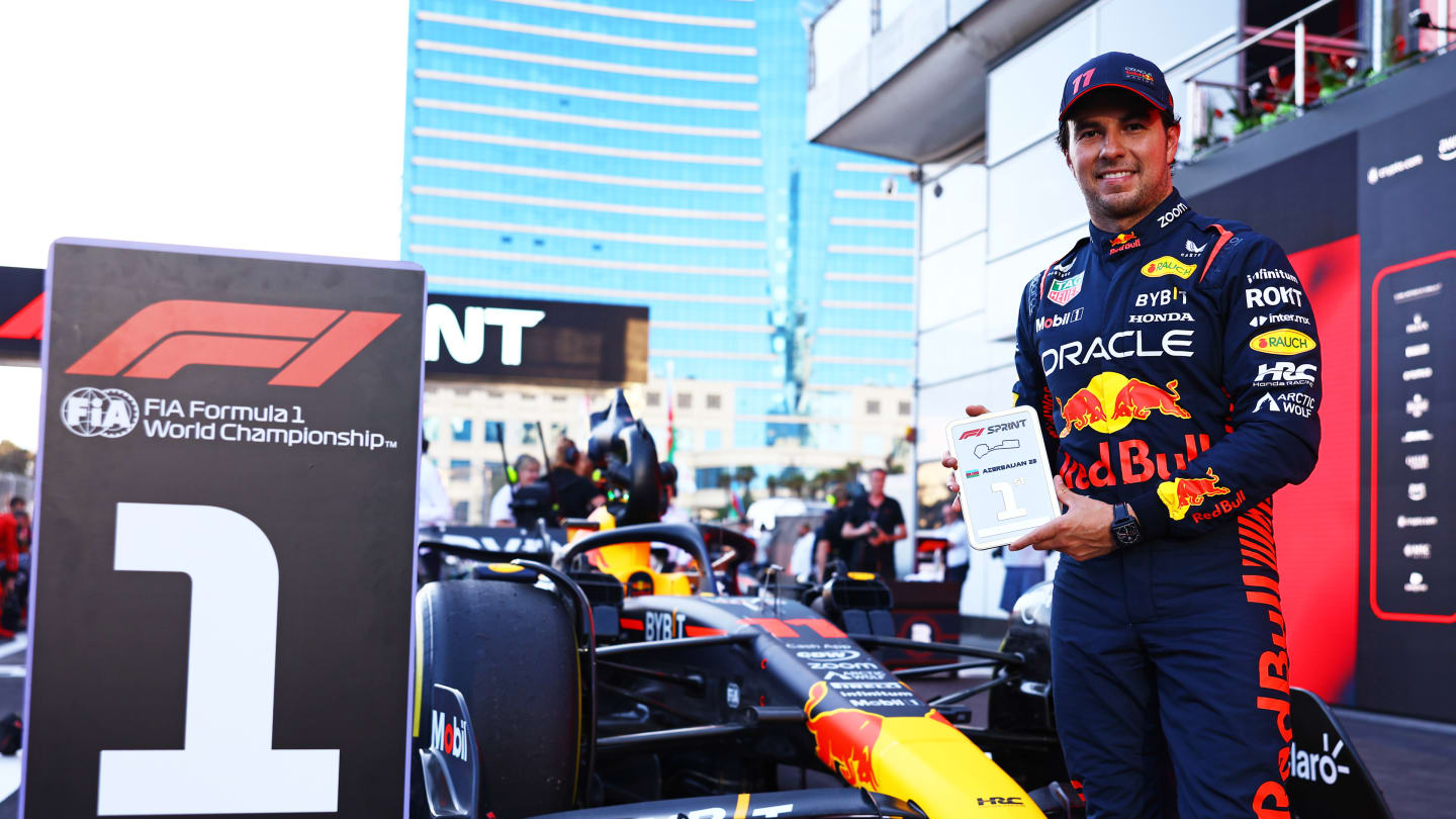 BAKU, AZERBAIJAN - APRIL 29: Sprint winner Sergio Perez of Mexico and Oracle Red Bull Racing