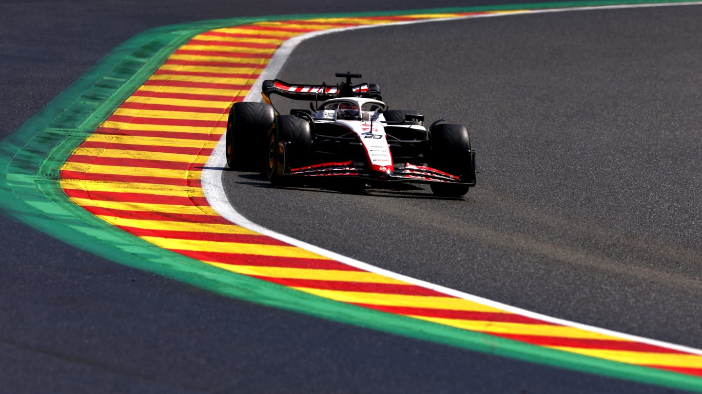 SPA, BELGIUM - JULY 29: Kevin Magnussen of Denmark driving the (20) Haas F1 VF-23 Ferrari on track