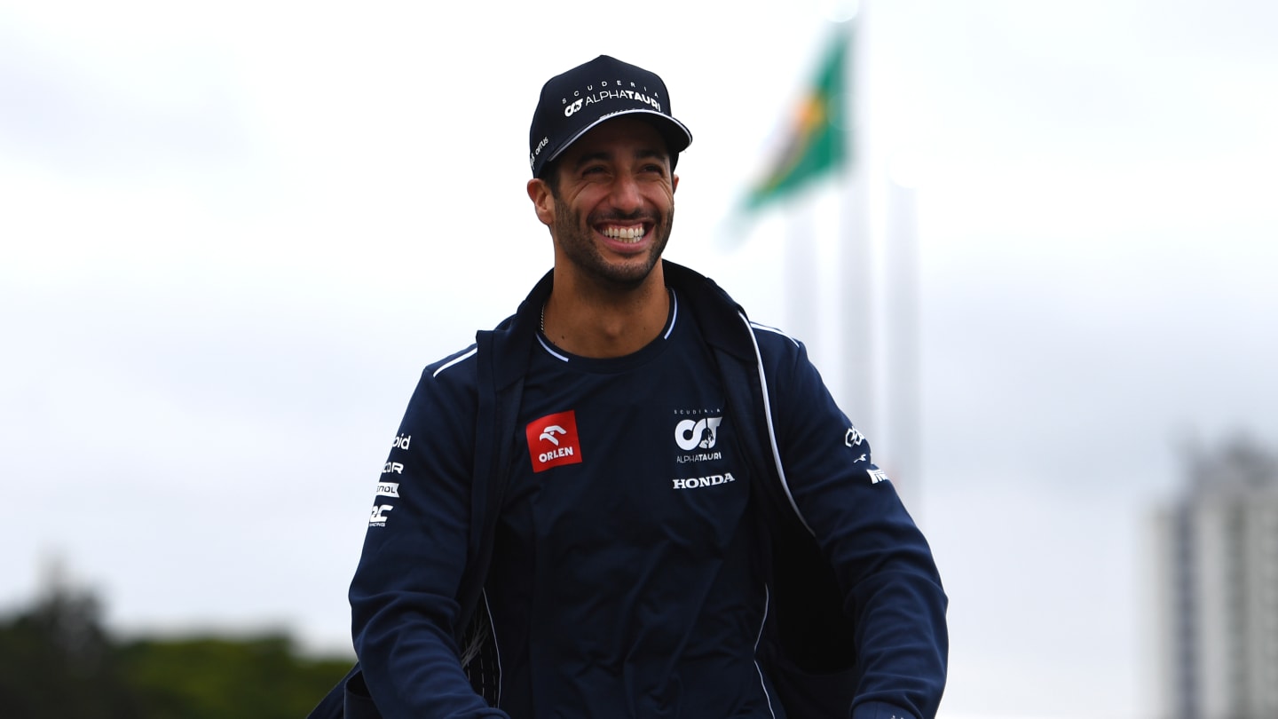 SAO PAULO, BRAZIL - NOVEMBER 02: Daniel Ricciardo of Australia and Scuderia AlphaTauri rides a