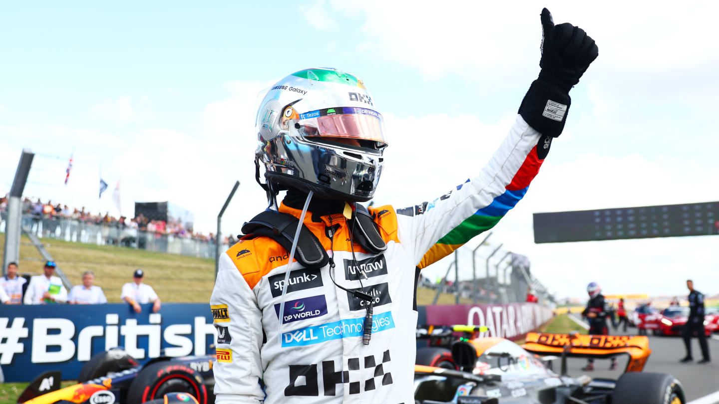 NORTHAMPTON, ENGLAND - JULY 09: Second placed Lando Norris of Great Britain celebrates in parc