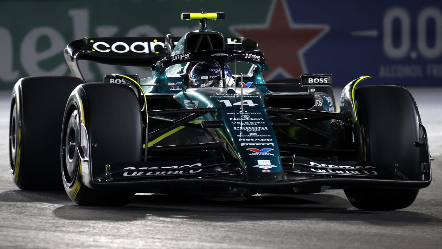 LAS VEGAS, NEVADA - NOVEMBER 17: Fernando Alonso of Spain driving the (14) Aston Martin AMR23