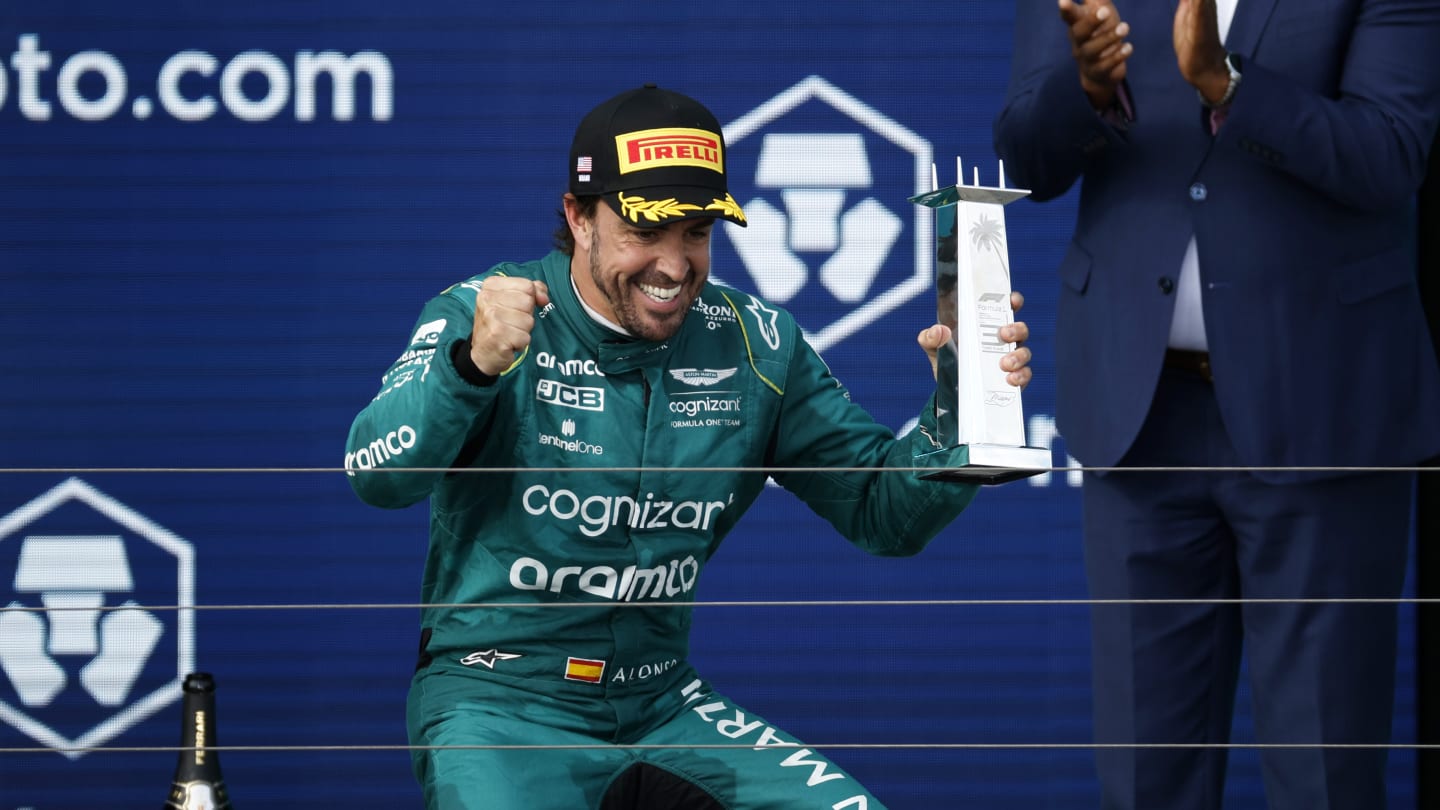 MIAMI, FLORIDA - MAY 07: Third placed Fernando Alonso of Spain and Aston Martin F1 Team celebrates