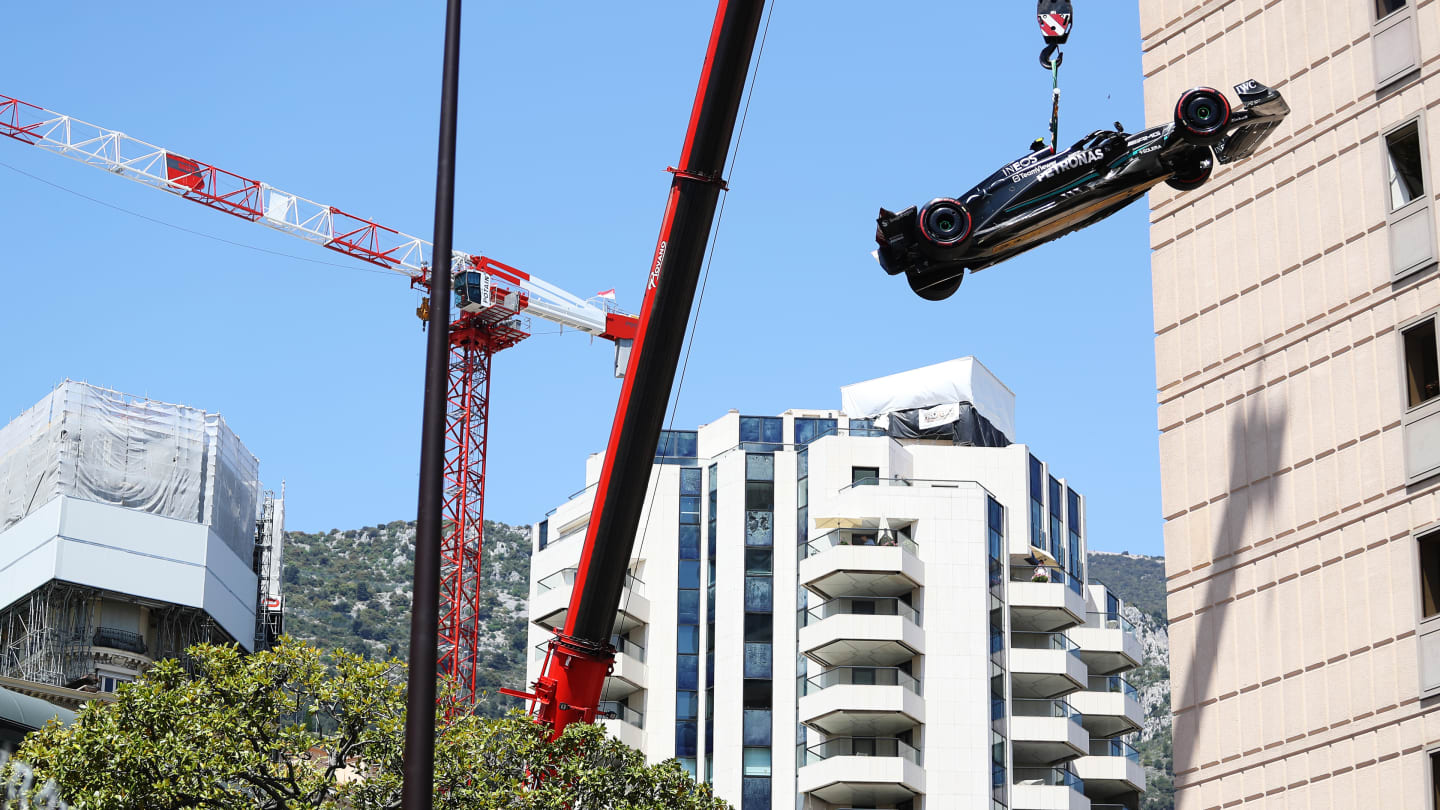 MONTE-CARLO, MONACO - MAY 27: The car of Lewis Hamilton of Great Britain and Mercedes is lifted on