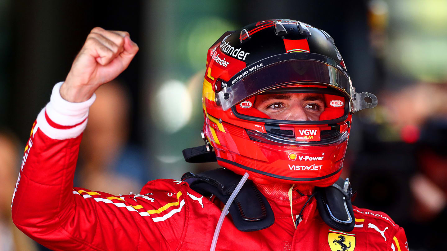 MELBOURNE, AUSTRALIA - MARCH 24: Race winner Carlos Sainz of Spain and Ferrari celebrates in parc