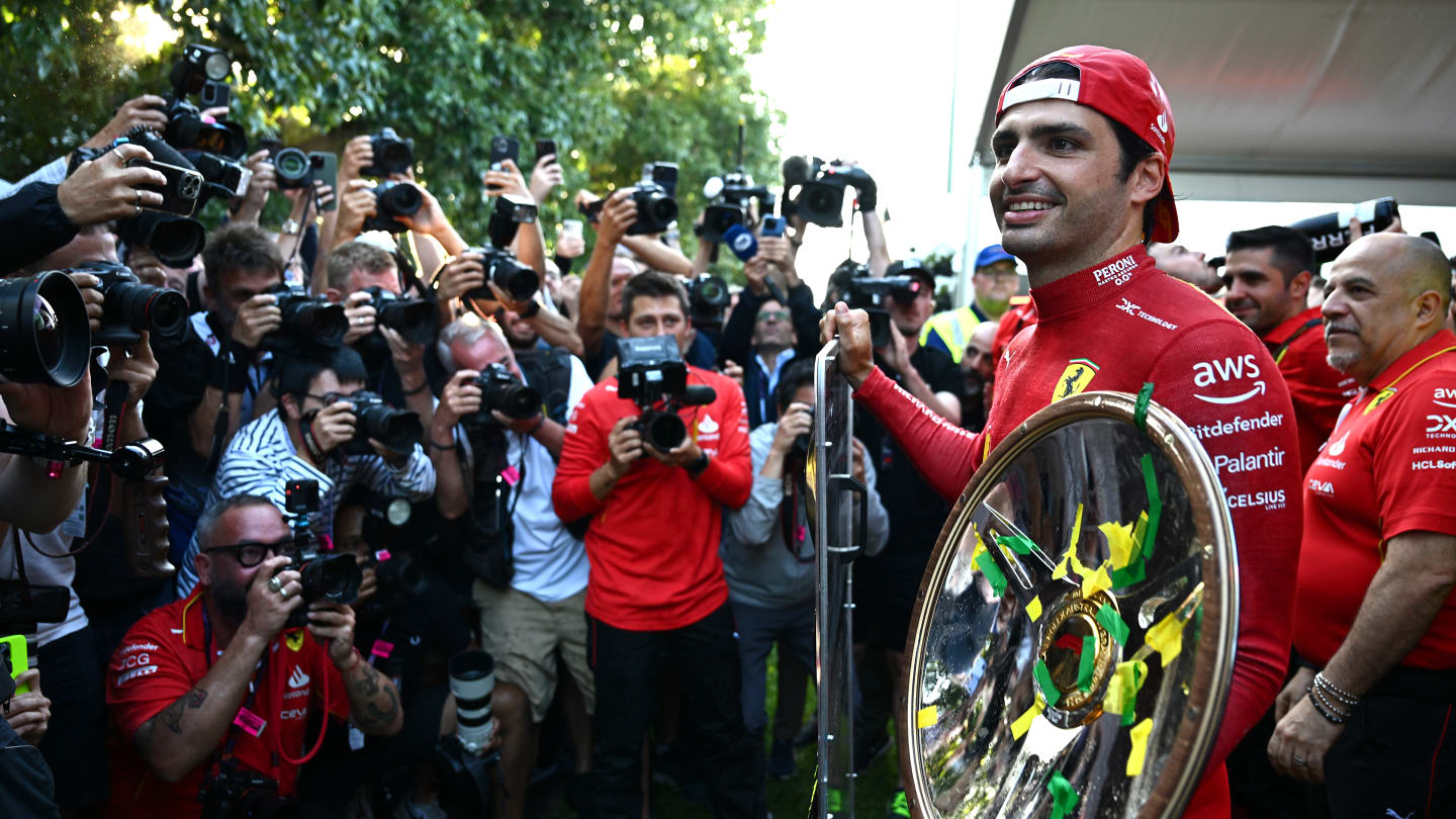 MELBOURNE, AUSTRALIA - MARCH 24: Race winner Carlos Sainz of Spain and Ferrari celebrates with his