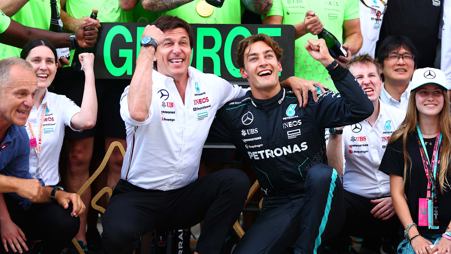 SPIELBERG, AUSTRIA - JUNE 30: Race winner George Russell of Great Britain and Mercedes celebrates