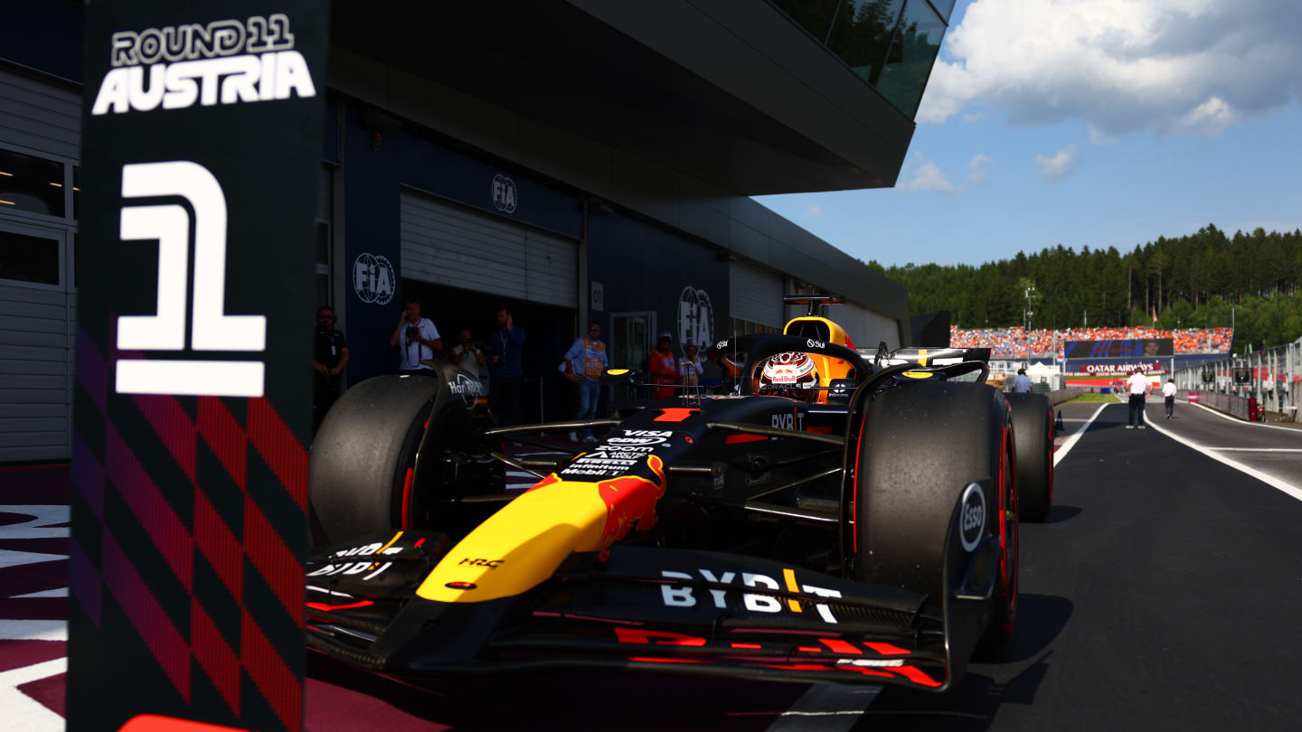 SPIELBERG, AUSTRIA - JUNE 29: Pole position qualifier Max Verstappen of the Netherlands and Oracle Red Bull Racing stops in parc ferme during qualifying ahead of the F1 Grand Prix of Austria at Red Bull Ring on June 29, 2024 in Spielberg, Austria. (Photo by Bryn Lennon - Formula 1/Formula 1 via Getty Images)