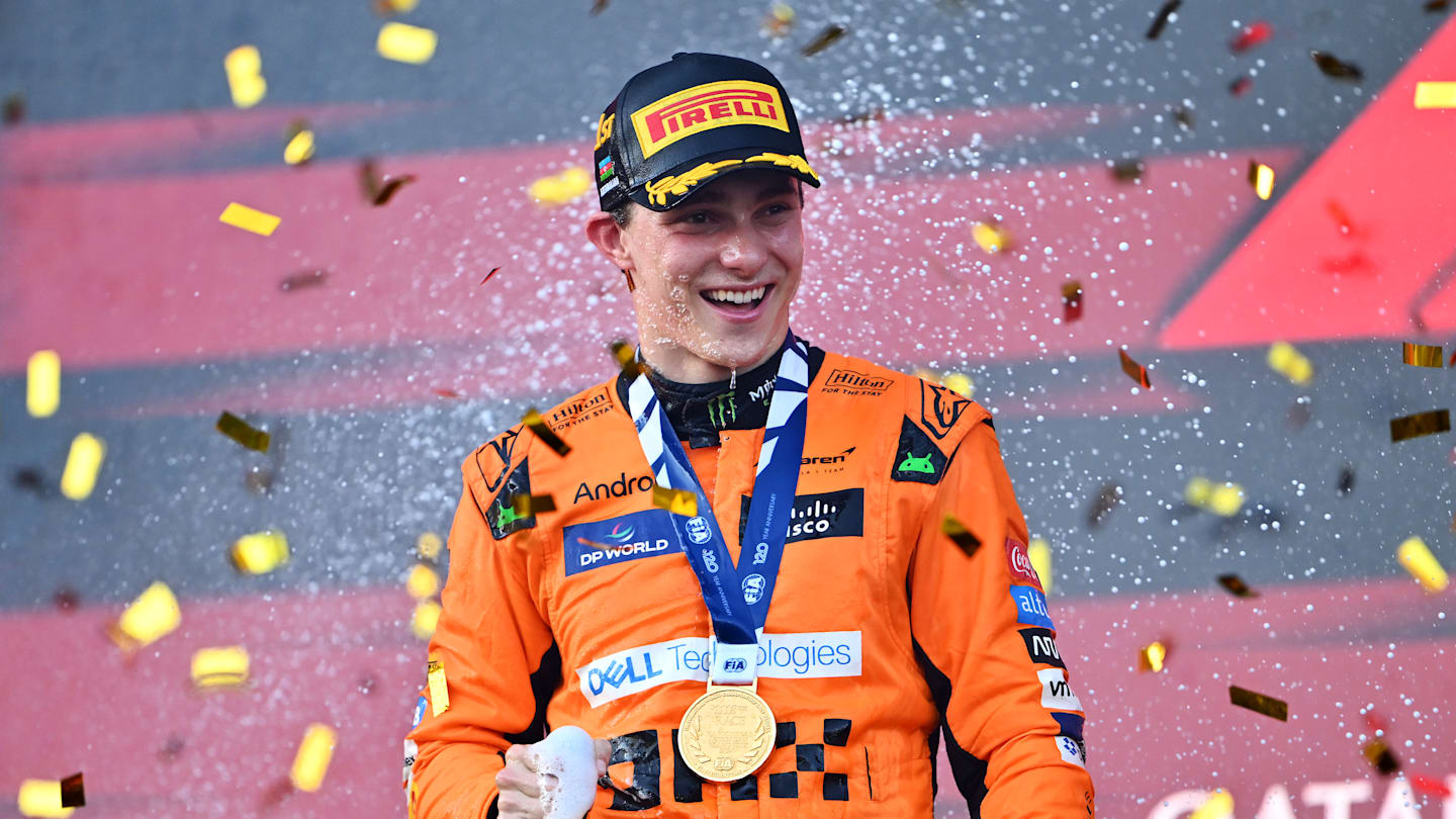 BAKU, AZERBAIJAN - SEPTEMBER 15: Race winner Oscar Piastri of Australia and McLaren celebrates in