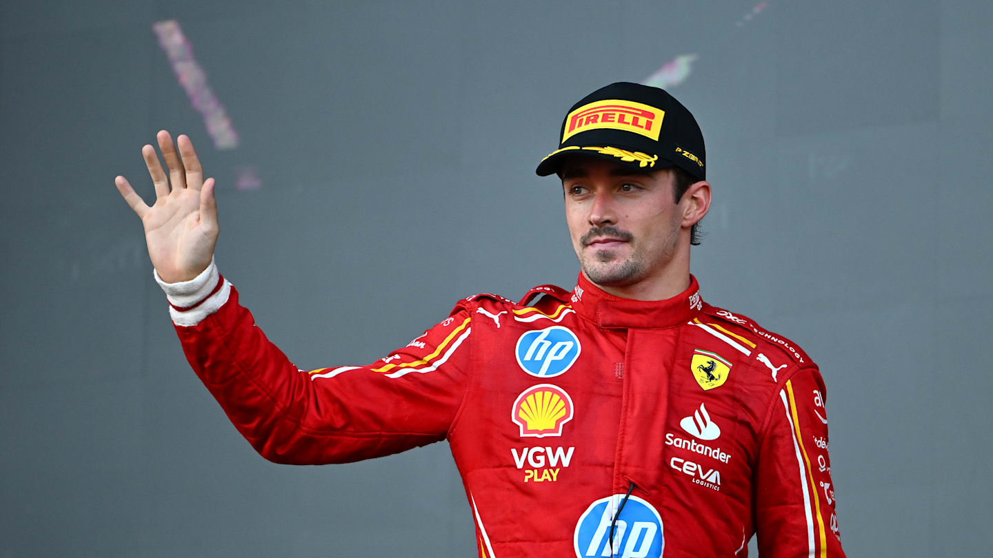 BAKU, AZERBAIJAN - SEPTEMBER 15: Second placed Charles Leclerc of Monaco and Ferrari celebrates on