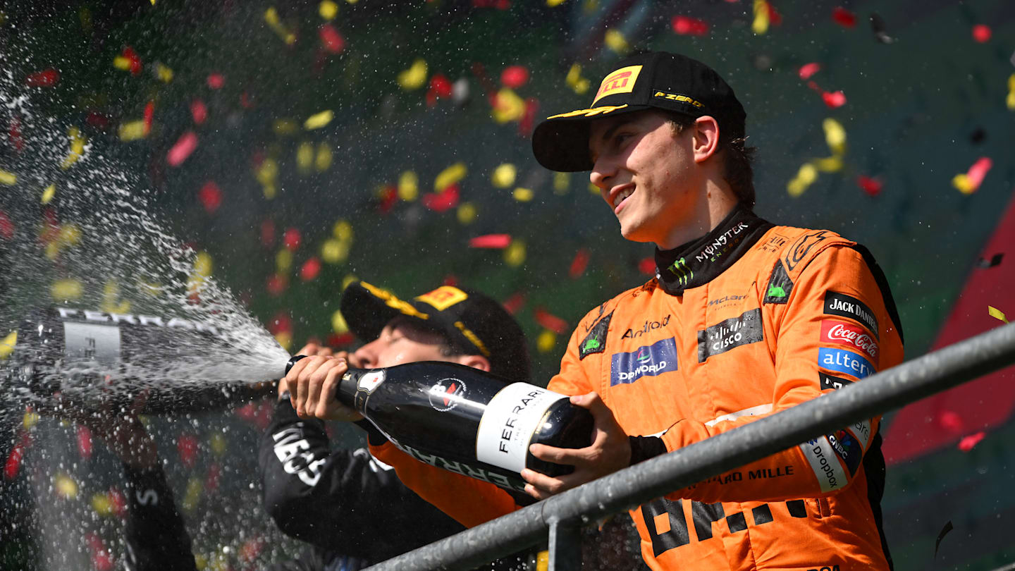 SPA, BELGIUM - JULY 28: Third placed Oscar Piastri of Australia and McLaren celebrates on the