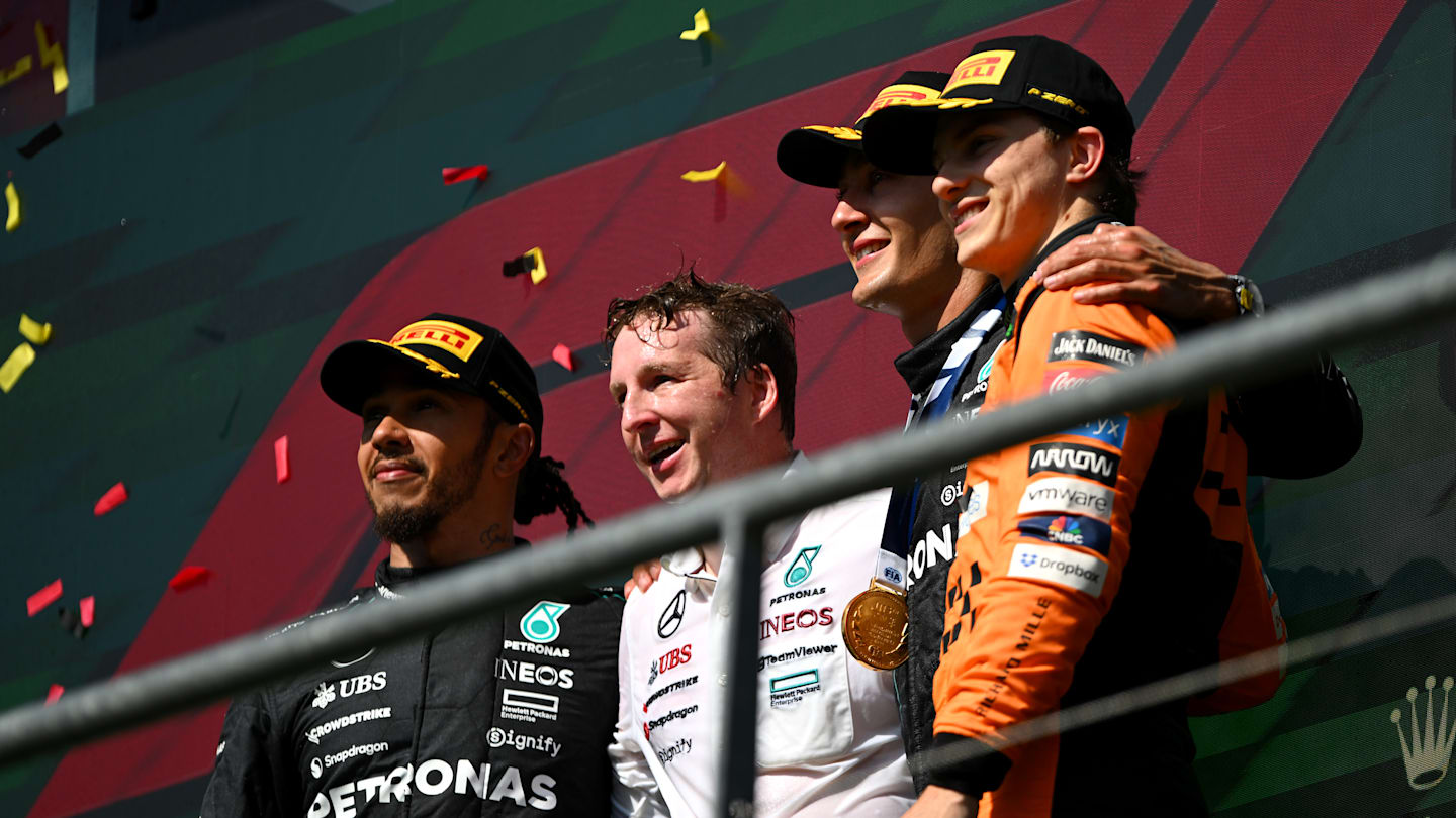 SPA, BELGIUM - JULY 28: Race winner George Russell of Great Britain and Mercedes (2R), Second