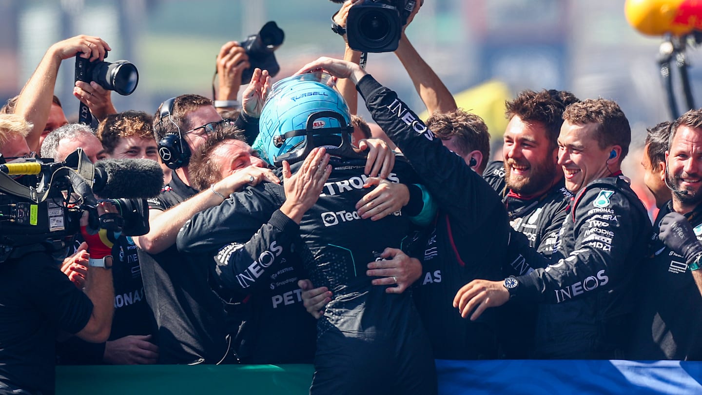 SPA, BELGIUM - JULY 28: George Russell of Mercedes and Great Britain celebrates finishing in first