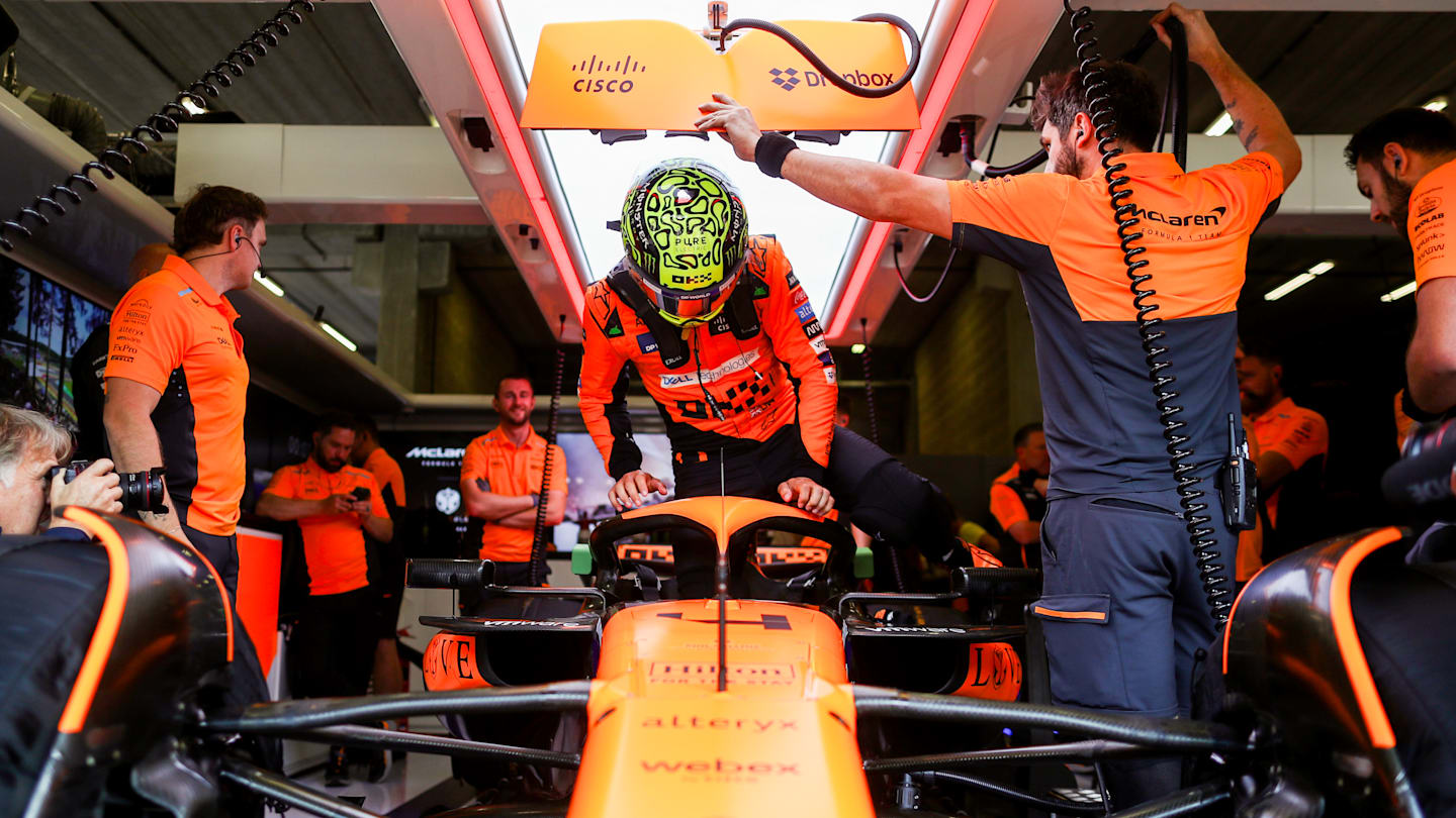 SPA, BELGIUM - JULY 26: Lando Norris of McLaren and Great Britain  during practice ahead of the F1