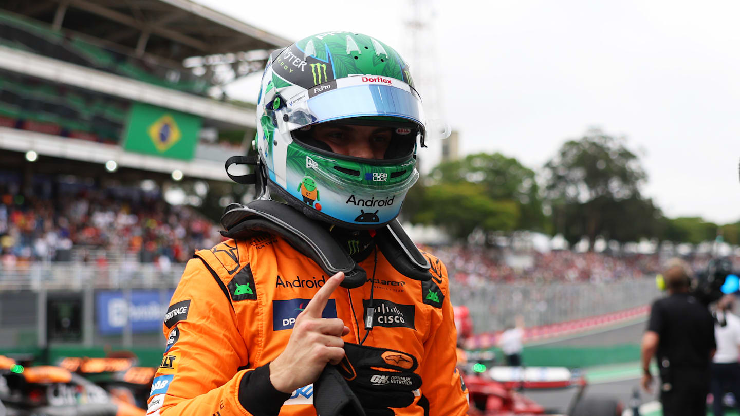 SAO PAULO, BRAZIL - NOVEMBER 01: Sprint Pole qualifier Oscar Piastri of Australia and McLaren