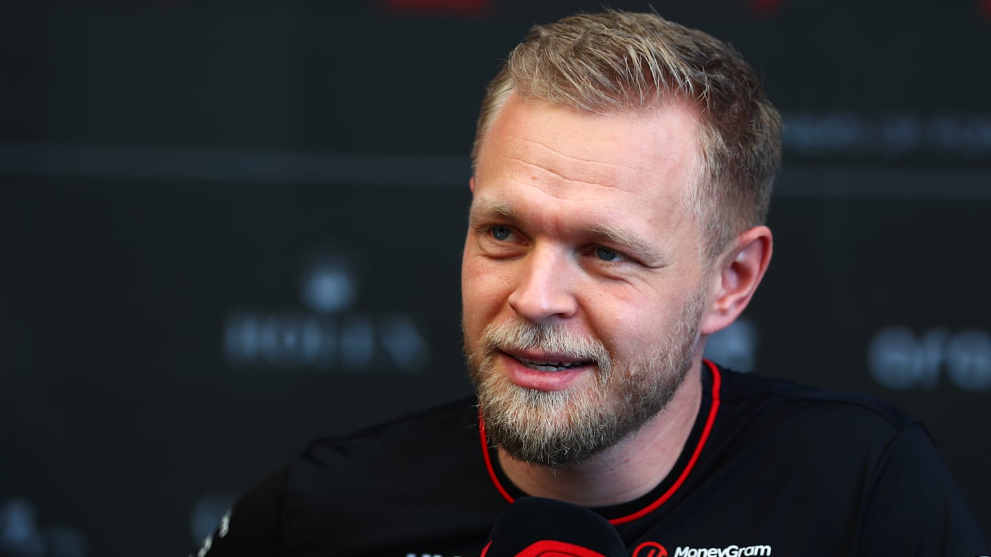SAO PAULO, BRAZIL - OCTOBER 31: Kevin Magnussen of Denmark and Haas F1 talks to the media in the