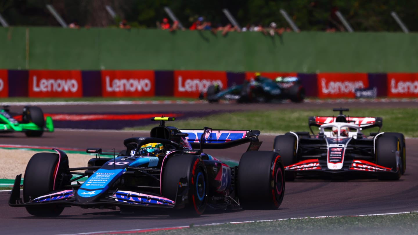 IMOLA, ITALY - MAY 19: Pierre Gasly of France driving the (10) Alpine F1 A524 Renault leads Kevin