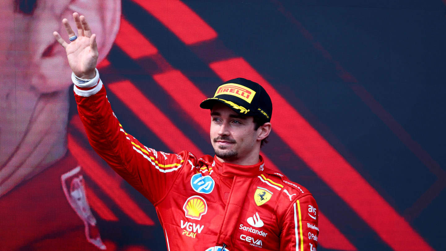 IMOLA, ITALY - MAY 19: Third placed Charles Leclerc of Monaco and Ferrari celebrates on the podium