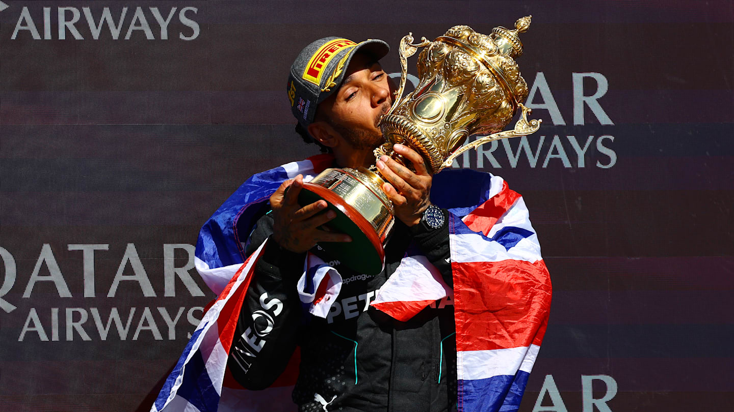 NORTHAMPTON, ENGLAND - JULY 07: Race winner Lewis Hamilton of Great Britain and Mercedes celebrates