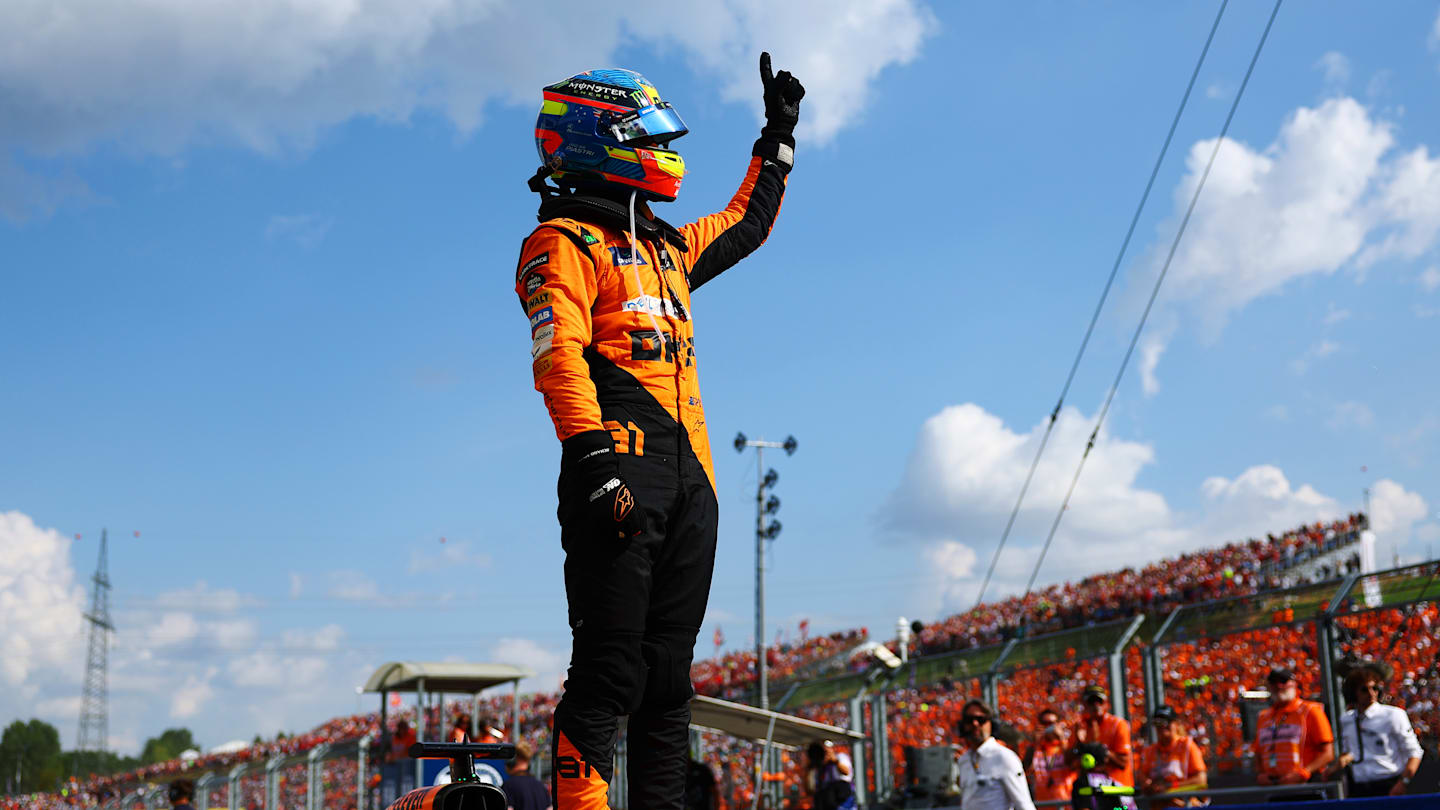 BUDAPEST, HUNGARY - JULY 21: Race winner Oscar Piastri of Australia and McLaren celebrates his