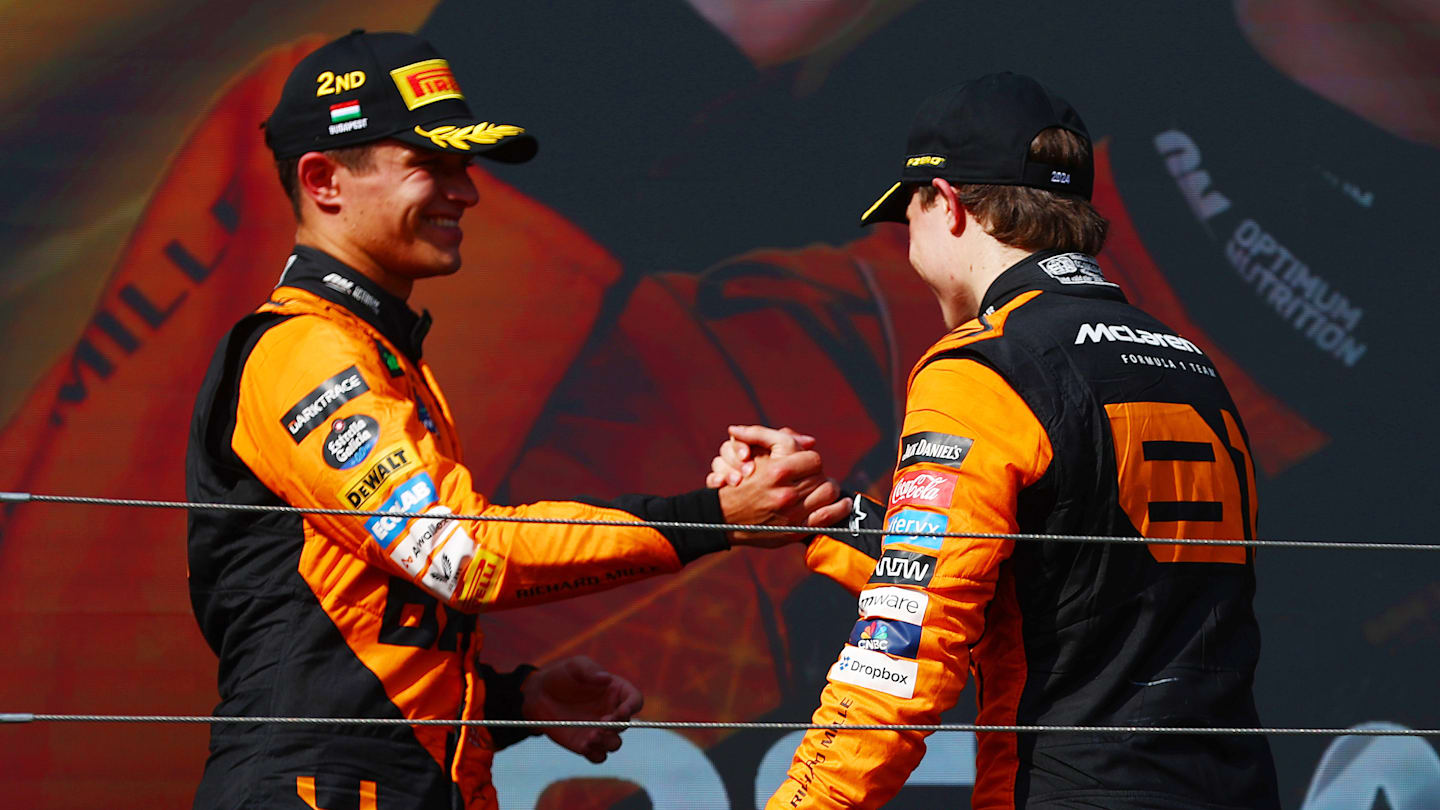 BUDAPEST, HUNGARY - JULY 21: Race winner Oscar Piastri of Australia and McLaren and Second placed