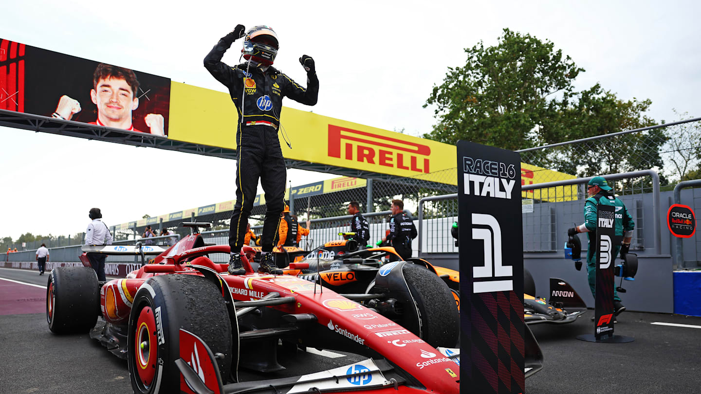 MONZA, ITALY - SEPTEMBER 01: Race winner Charles Leclerc of Monaco and Ferrari celebrates in parc