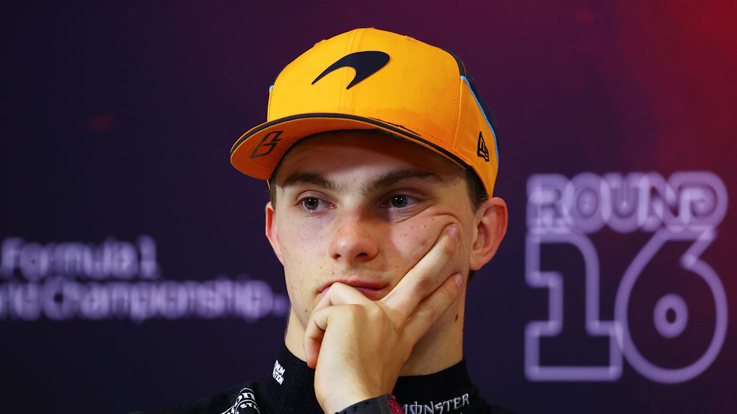 MONZA, ITALY - AUGUST 31: Oscar Piastri of Australia and McLaren talks to the media during