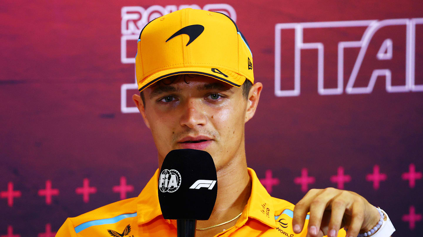 MONZA, ITALY - AUGUST 29: Lando Norris of Great Britain and McLaren attends the Drivers Press