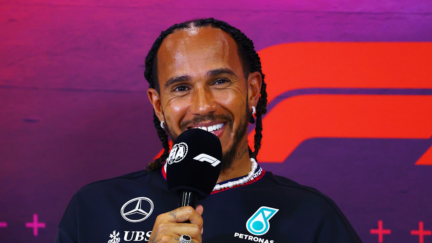 MONZA, ITALY - AUGUST 29: Lewis Hamilton of Great Britain and Mercedes attends the Drivers Press