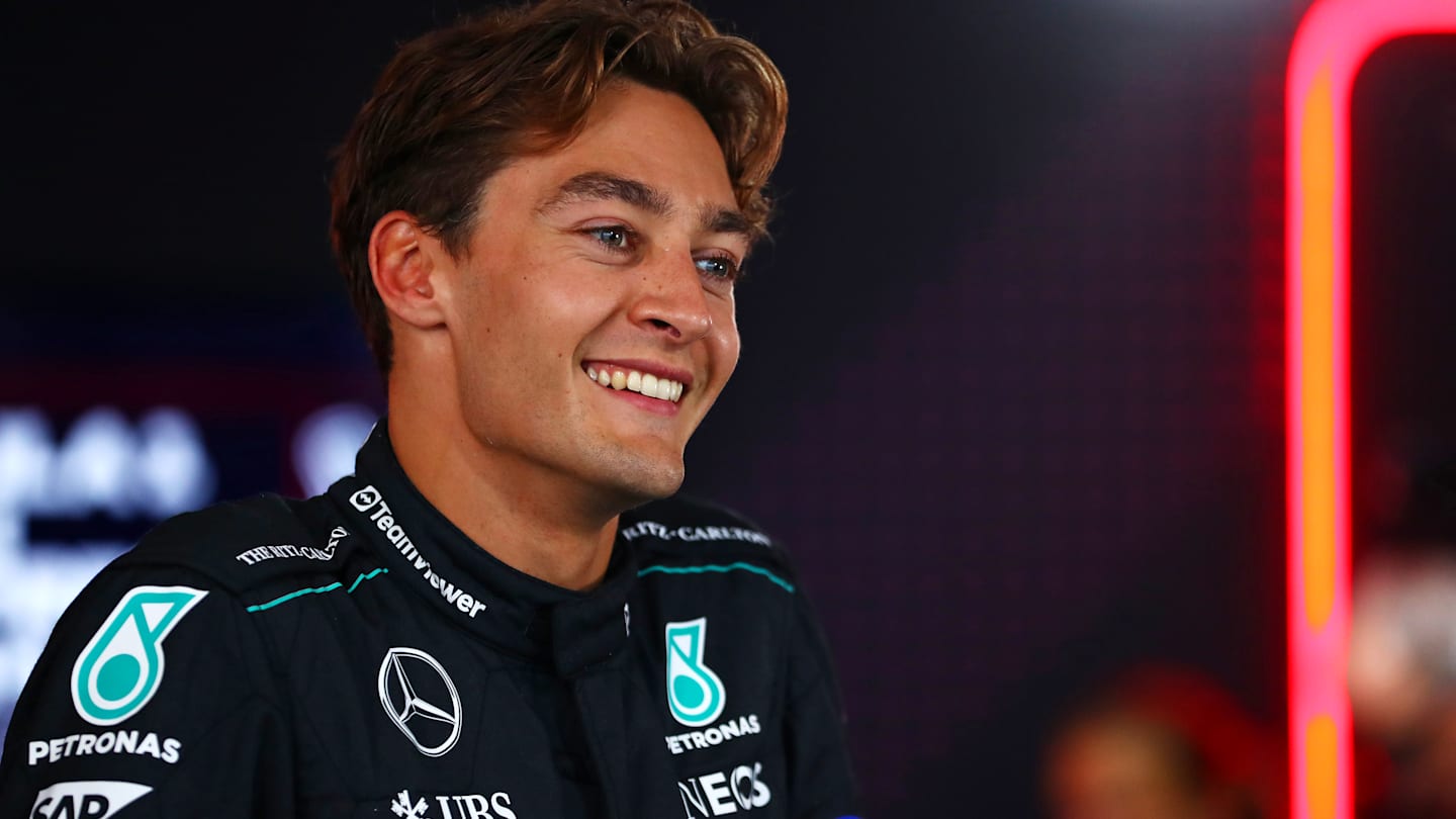 MONZA, ITALY - AUGUST 31: George Russell of Great Britain and Mercedes talks to the media during