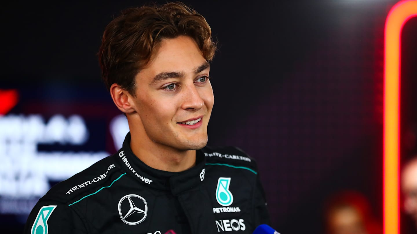 MONZA, ITALY - AUGUST 31: George Russell of Mercedes and Great Britain talks to the press during