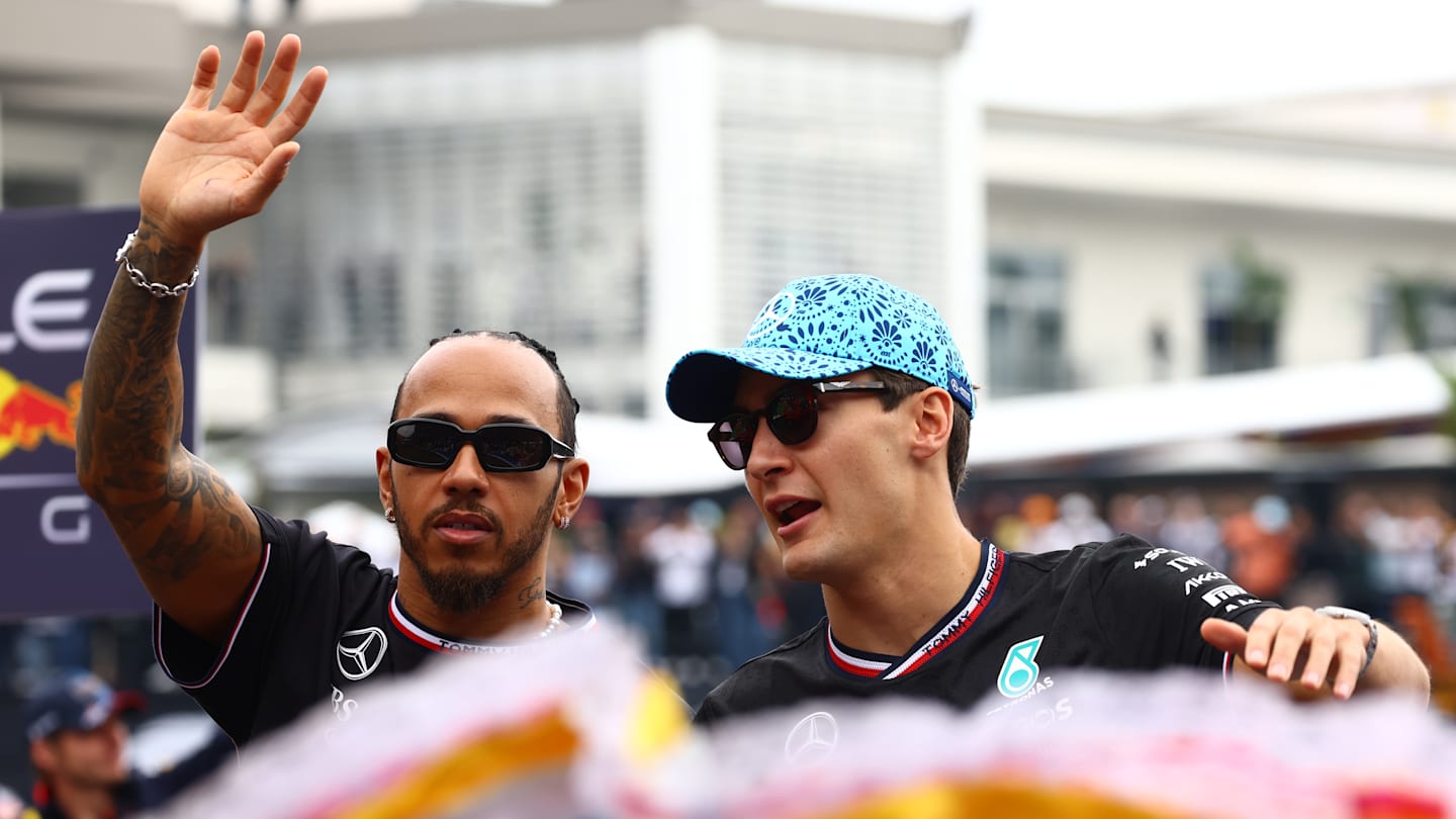 MEXICO CITY, MEXICO - OCTOBER 27: Lewis Hamilton of Great Britain and Mercedes and George Russell