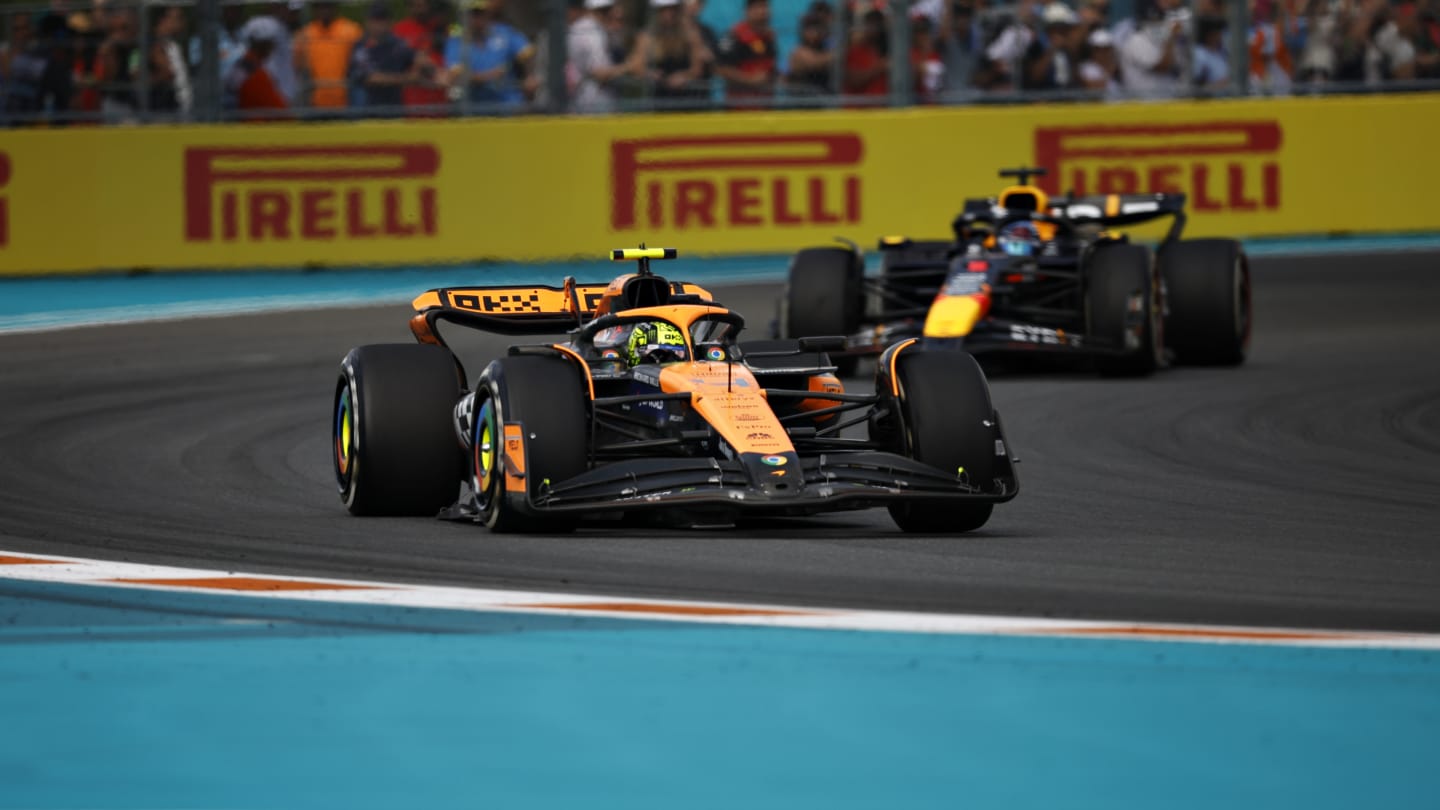 MIAMI, FLORIDA - MAY 05: Lando Norris of Great Britain driving the (4) McLaren MCL38 Mercedes leads