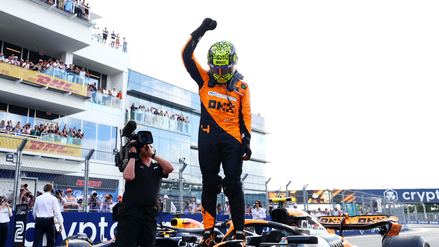 MIAMI, FLORIDA - MAY 05: Race winner Lando Norris of Great Britain and McLaren celebrates in parc