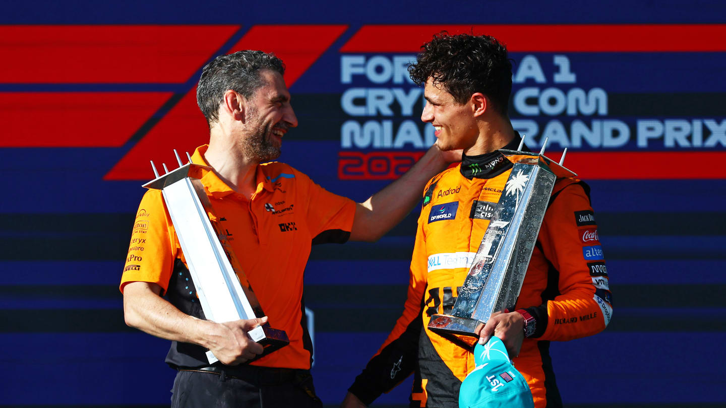 MIAMI, FLORIDA - MAY 05: Race winner Lando Norris of Great Britain and McLaren celebrates with